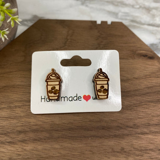 Wooden Stud Earrings - Frappe Coffee Beans