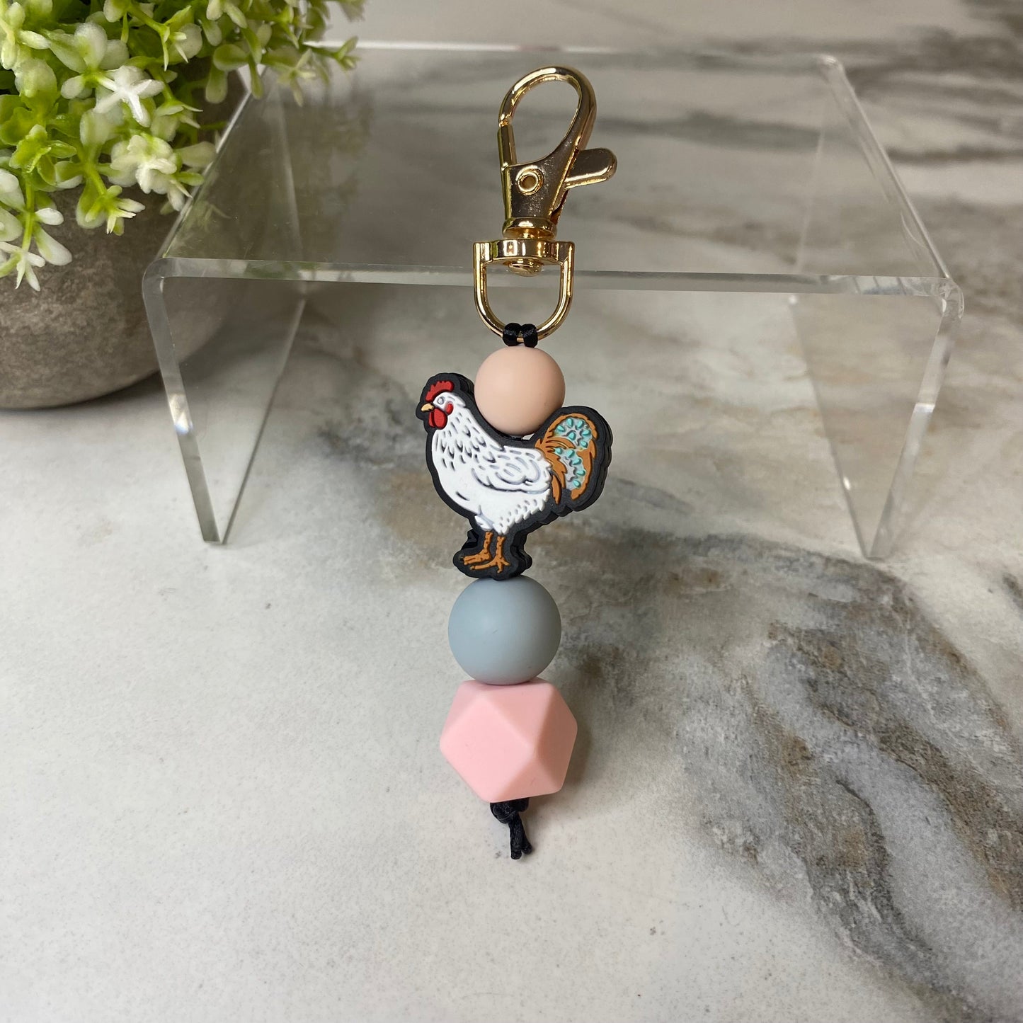 Keychain - Silicone Bead - Chicken - Pink