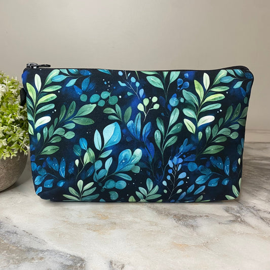 Pouch - Navy Green Leaves