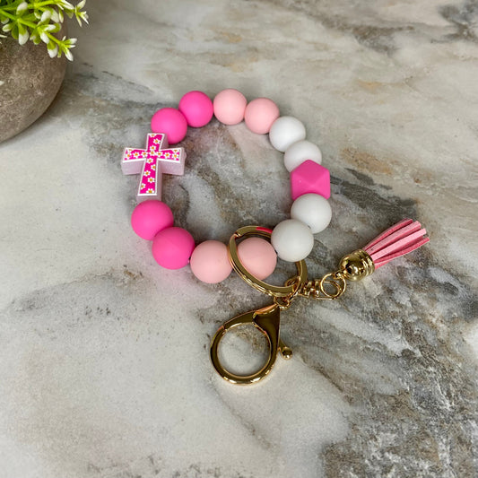 Silicone Bracelet Keychain - Cross - Hot Pink