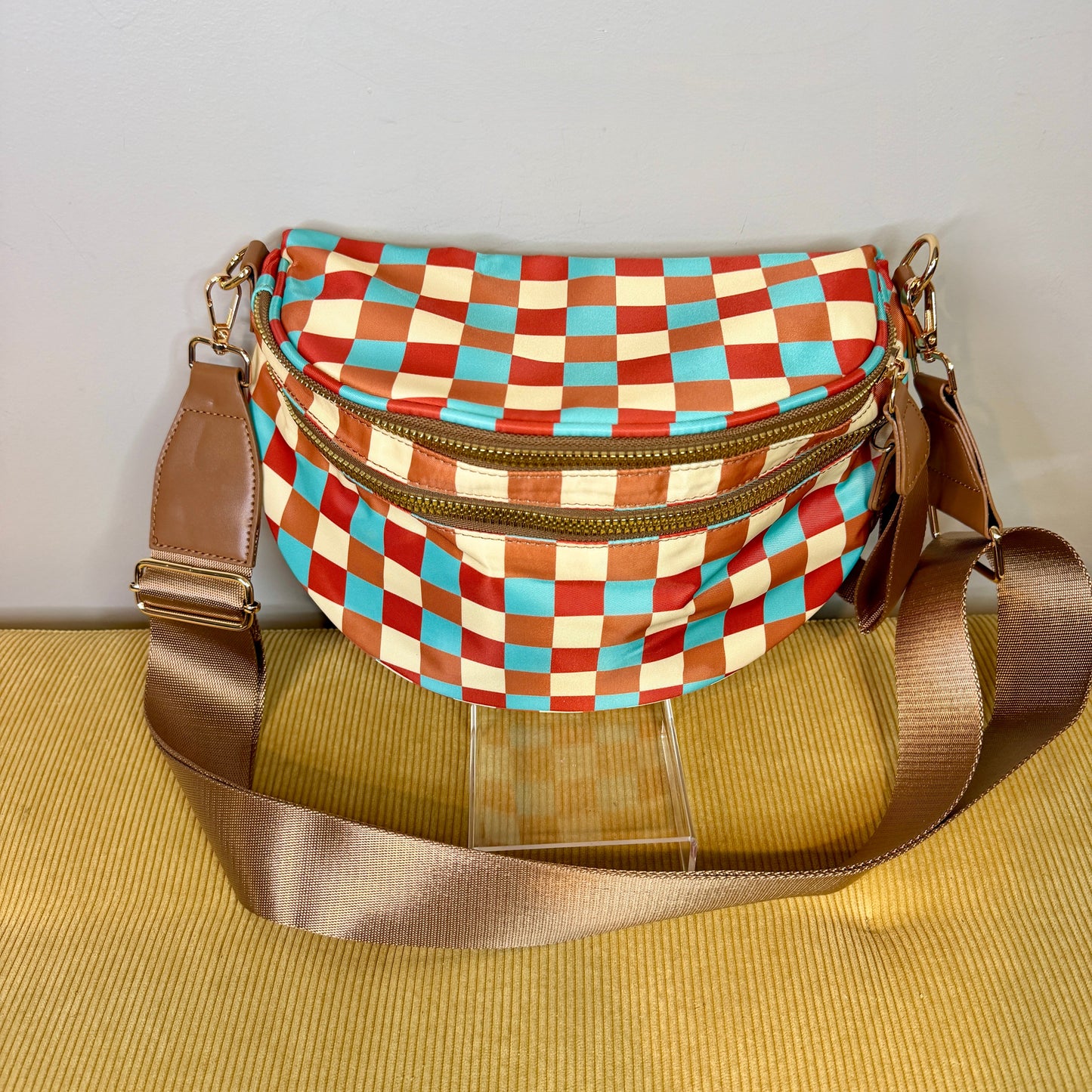 The Roni Nylon Crossbody - Camel Aqua Checker
