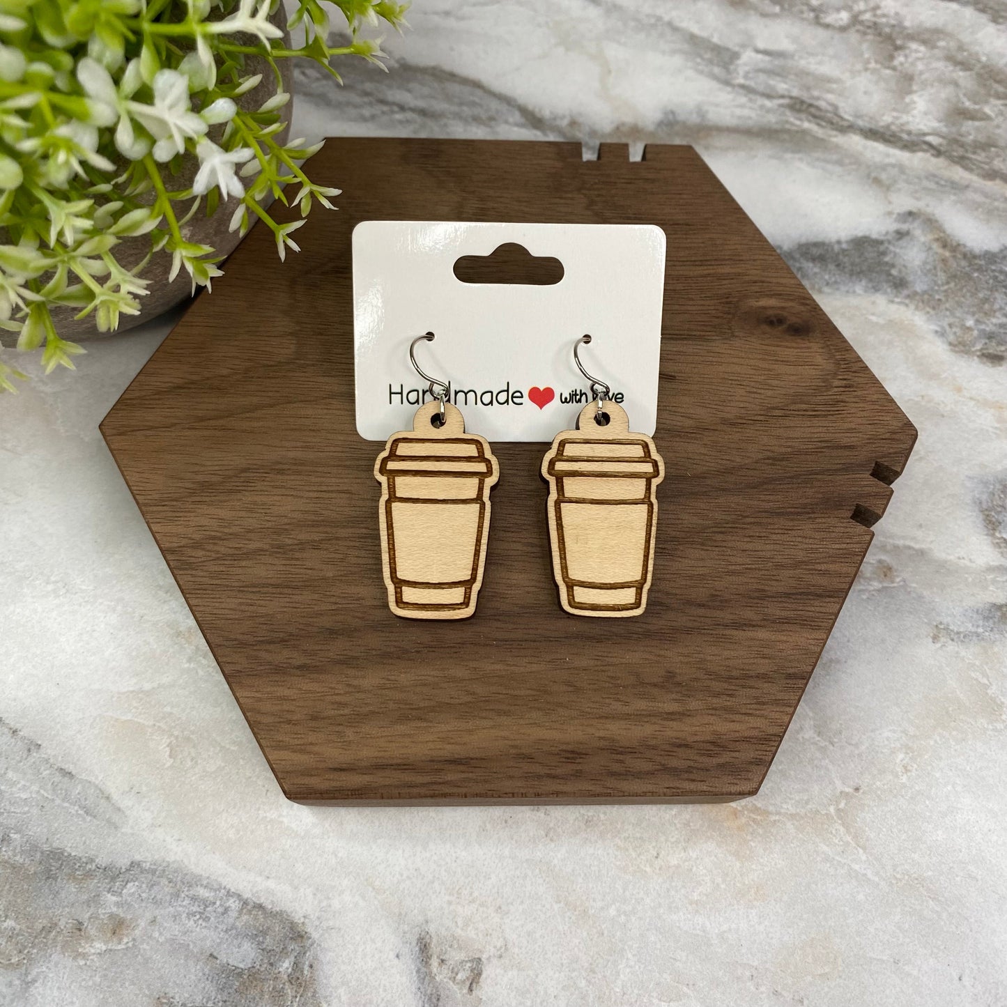 Wooden Dangle Earrings - Tea & Coffee Cup