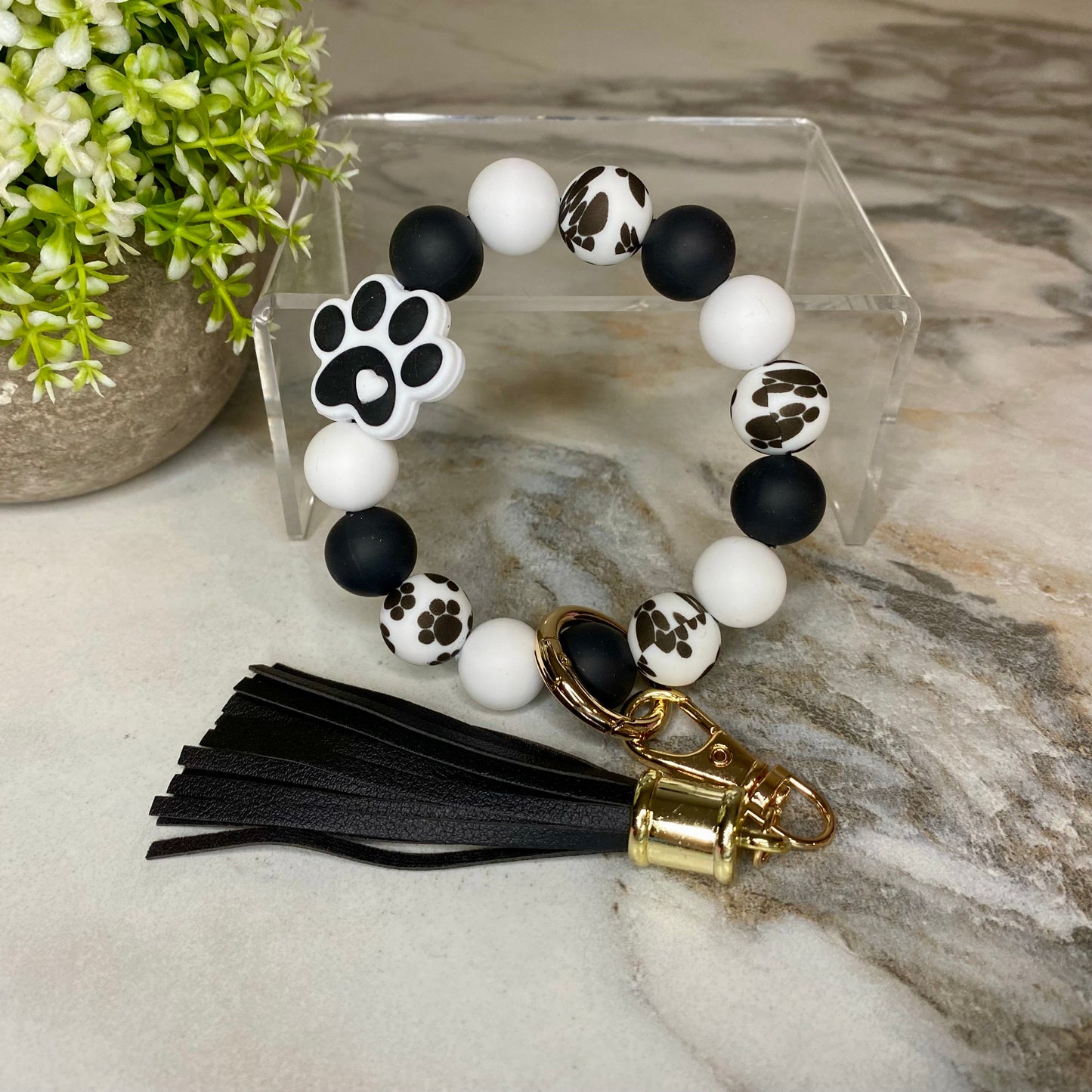 Silicone Bracelet Keychain - Paw Print Black