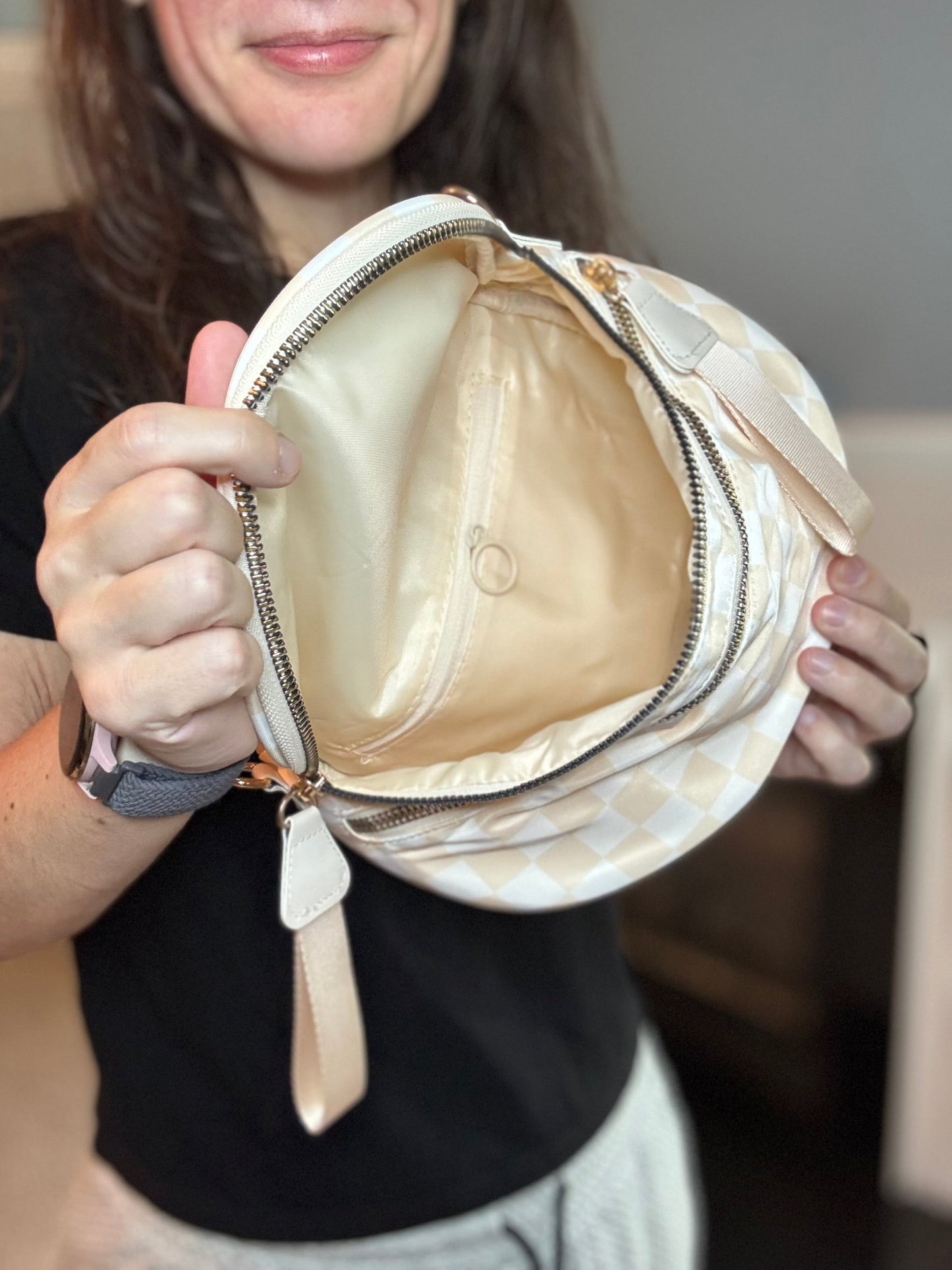 The Roni Nylon Crossbody - Checkered Beige