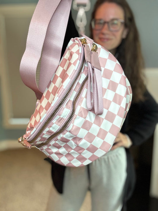 The Roni Nylon Crossbody - Checkered Medium Pink
