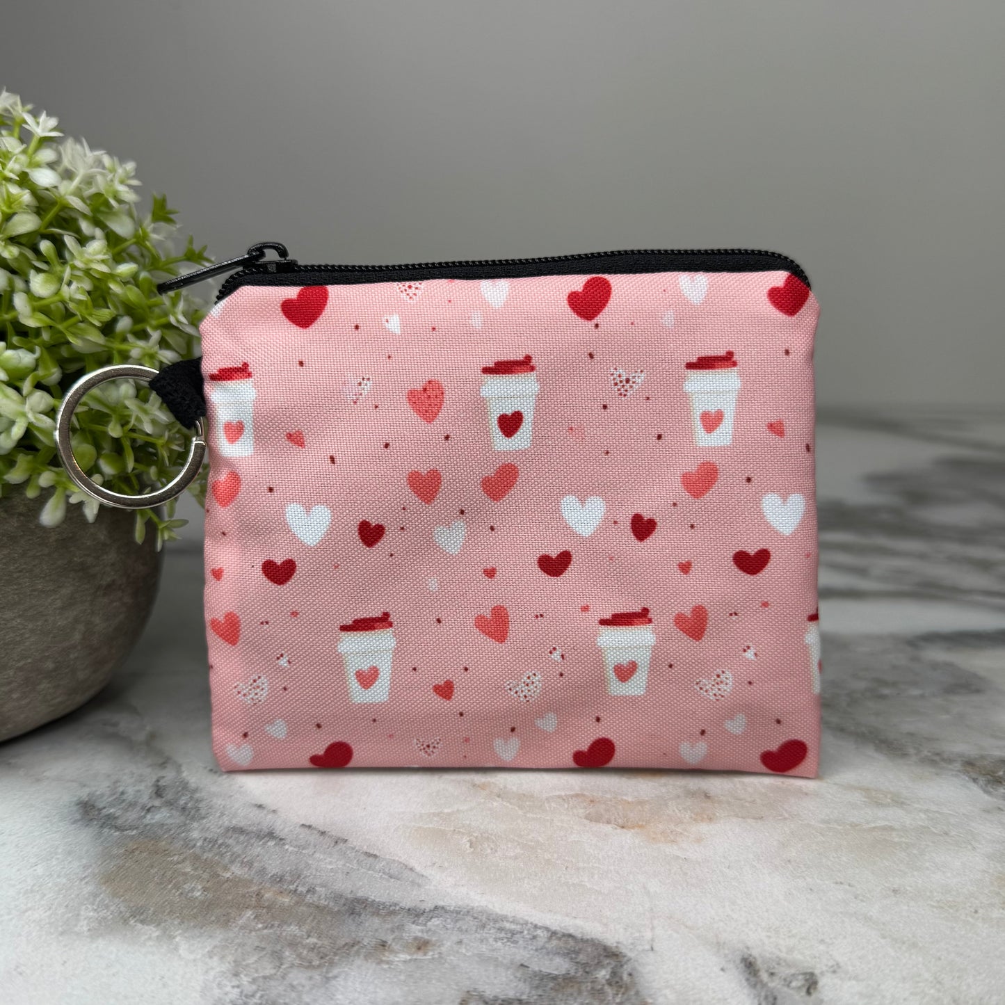 Mini Pouch - Coffee Pink Hearts