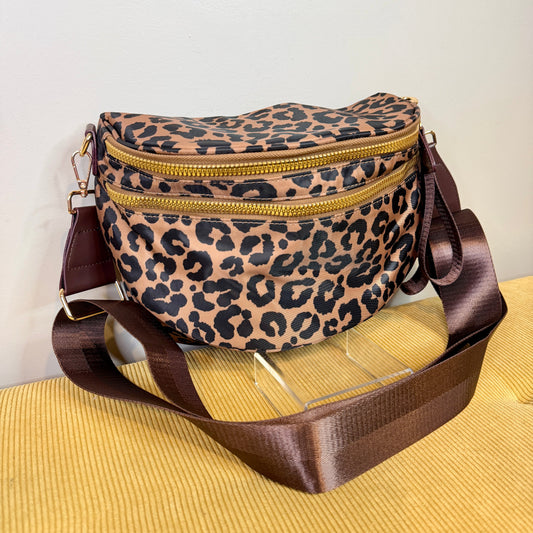 The Roni Nylon Crossbody - Black & Caramel Animal Print