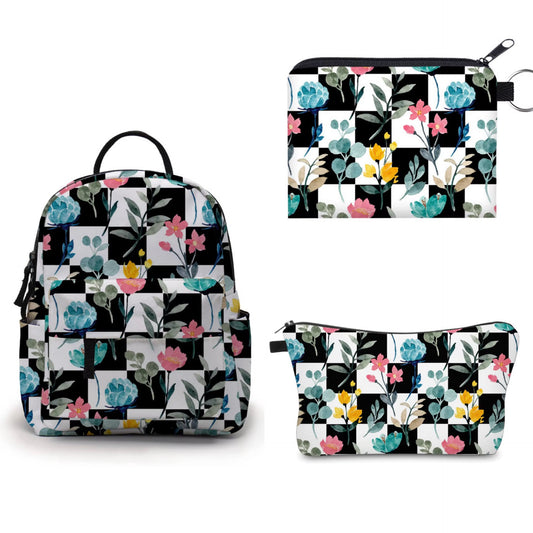 Mini Backpack, Pouch, & Mini Pouch Bundled Set - Floral Checker